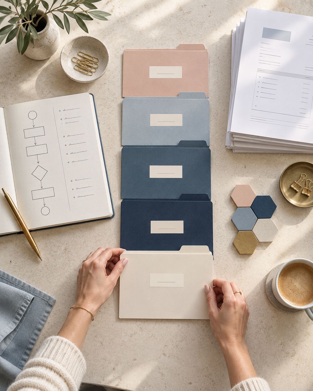 Carpetas clasificadas por color junto a un cuaderno con un diagrama de flujo