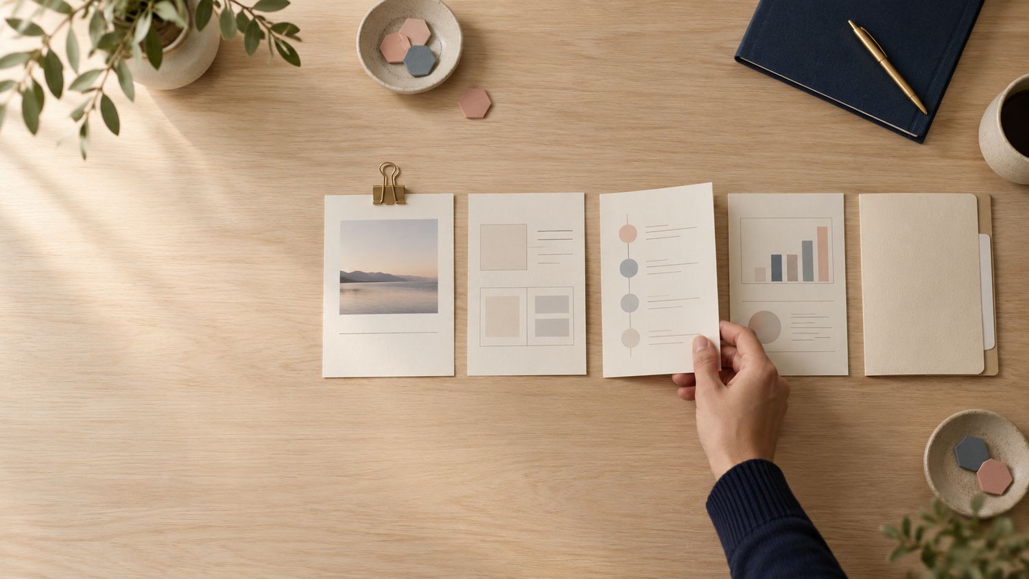 Tarjetas con iconos de criterio, objetivo y equipo junto a una computadora y cuadernos